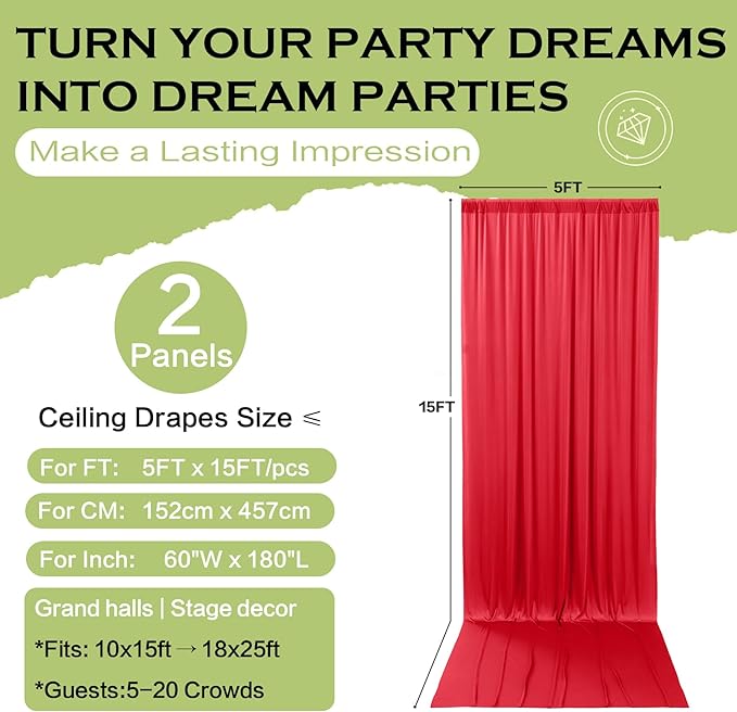 PartyVillage 10ft×15ft Red Backdrop Curtain for Wedding Parties, 2 Panels Wrinkle Free 15 FT Long Polyester Photo Backdrop Drapes Back Drop Cloth for Birthday Photography Background