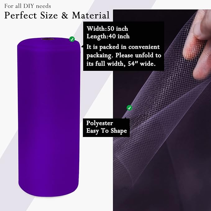 Purple Tulle Fabric Rolls 54 Inch by 40 Yards Tulle Bolt Spool for Wedding Decorations DIY Halloween Tutu Baby Shower Table Skirt Ceiling Decor Birthday Party Craft Supplies