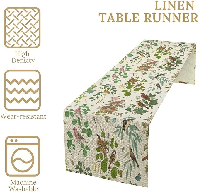 Vintage Bird Flower Table Runner Seasonal Spring Summer Garden Plants Farmhouse Country Kitchen Dining Table Decoration for Home Party Holiday 13"x36"