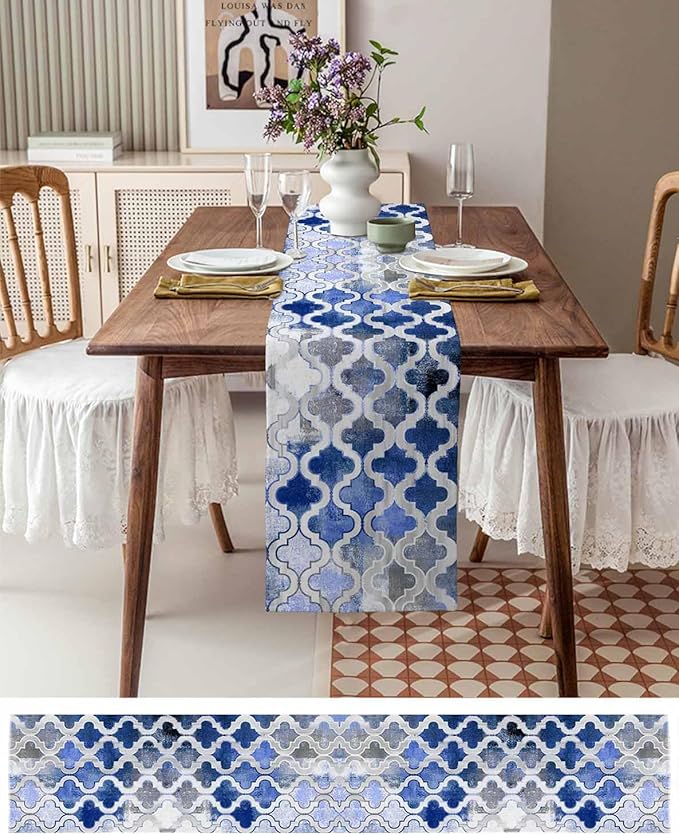 Blue Morocco Plaid Cotton Linen Table Runner for Dining Kitchen, Wedding Outdoor Party Tablerunners Decoration, Distressed Abstract Painted Vintage Dresser Scarf Coffee Tablecloth Runners 13x60 Inches