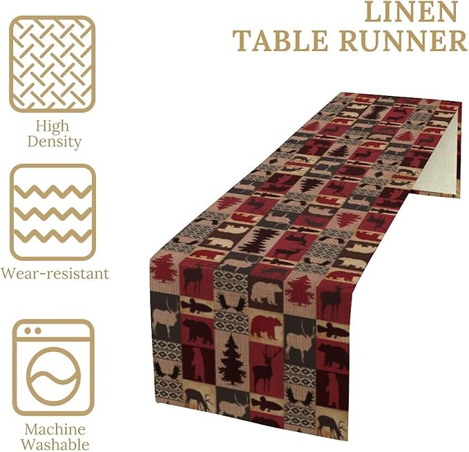 Retro Rustic Bear Table Runner, Wild Bear Cabin Pine Farmhouse Table Runner for Bedroom Kitchen Living Room Vintage Country Style Lodge 13x36 Inch