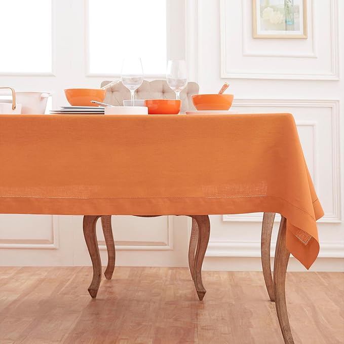 Solino Home Linen Pumpkin Tablecloth 60 x 108 Inch - Classic Hemstitch, 100% Pure Linen Rectangular Tablecloth - Machine Washable Table Cloth for Fall, Autumn, Halloween, Thanksgiving, Holiday