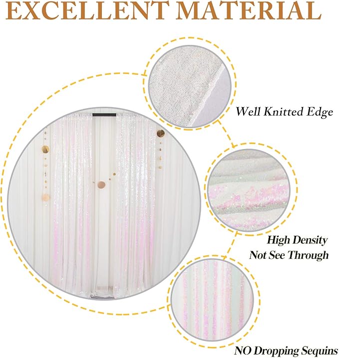 ShinyBeauty Sequin Backdrop 2FTx8FT Iridescent White 2 Pieces White Sequin Back Drop Glitter Background Sparkly Backdrop for Photograph Decorations