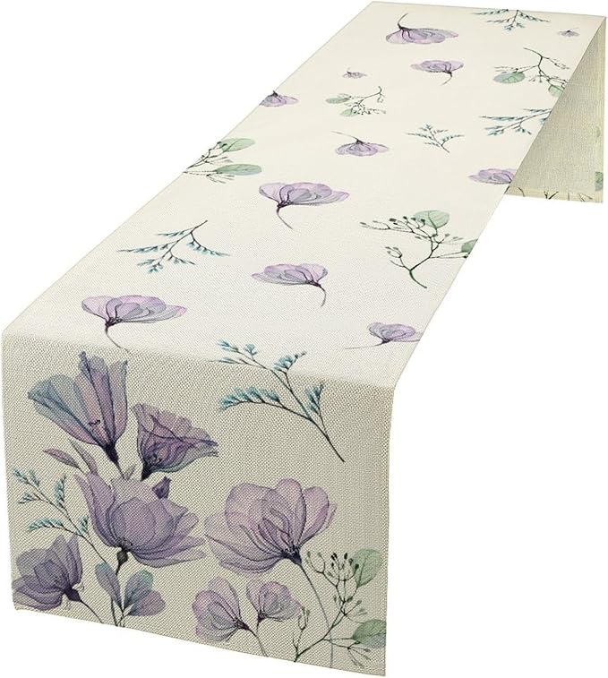 Poppy Flower Table Runner, Watercolor Purple Floral Leaves Seasonal Spring Summer Table Runner for Kitchen Dinning Table Runner Decor Home Wedding Party Holiday, 13x70 Inch