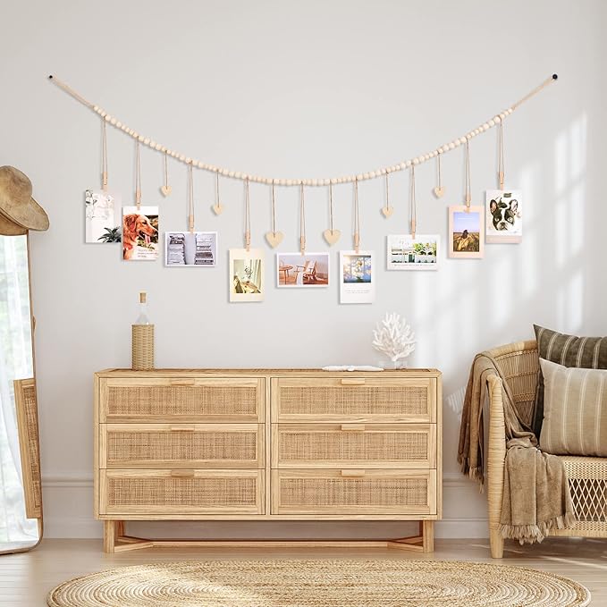 Hanging Photo Display Room Wall Decor, Boho Collage Picture Frame Christmas Cards Holder, Photo Hanger with 9 Wood Clips and 6 Wooden Hearts Tags for Home, Bedroom, Office, Nursery, Dorm Decor (3)