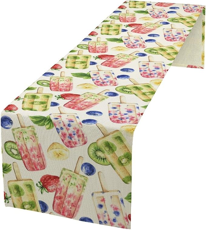 Ice Cream Table Runner, Watercolor Fruit Ice Popsicles Berry Kiwi Cold Summer Desserts Seasonal Dinner Runner for Party Holiday Home Kitchen Dining Table Decor 13"x90"