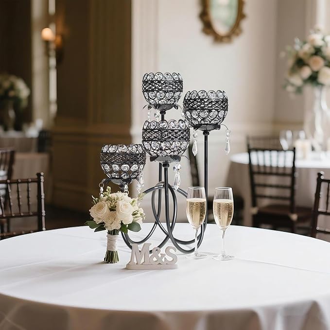 4 Arms Crystal Candelabra Tealight Holder - Tall 15.7 Inch Elegant Centerpiece with Crystal Pendant Bowls & Artistic Metal Stand for Wedding, Dining Table, Home Decor (2, Black)
