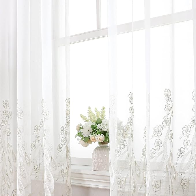 VISIONTEX White Sheer Voile Curtains, Decorative White Embossed Drip Rod Pocket Window Drapes for Home Kitchen, Living Room and Bedroom 54 x 63 Inch, Set of 2 Curtain Panels