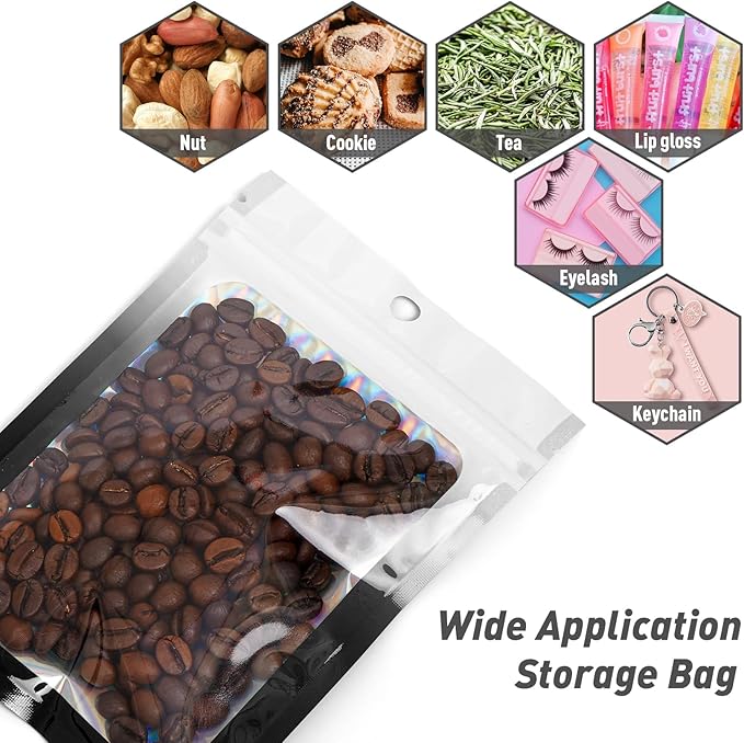 Funfery 100 Pack Gradient Holographic Bags,Resealable Bags with Zipper,Clear Window Packaging Pouchs,Foil Bag for Food Storage,Small Business,Sample Jewelry Bag(3×4.7In,White Black)