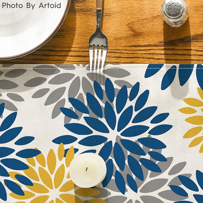 Artoid Mode Blue Dahlia Floral Pinnata Summer Table Runner, Spring Kitchen Dining Table Decoration for Home Party Decor 13x72 Inch