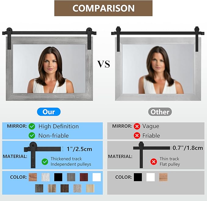 COGOOD Farmhouse Barn Door Mirror - 29" x 22" Rustic Wood Framed Wall Mirror for Bathroom, Living Room, Entryway Wall Decor (Grey)
