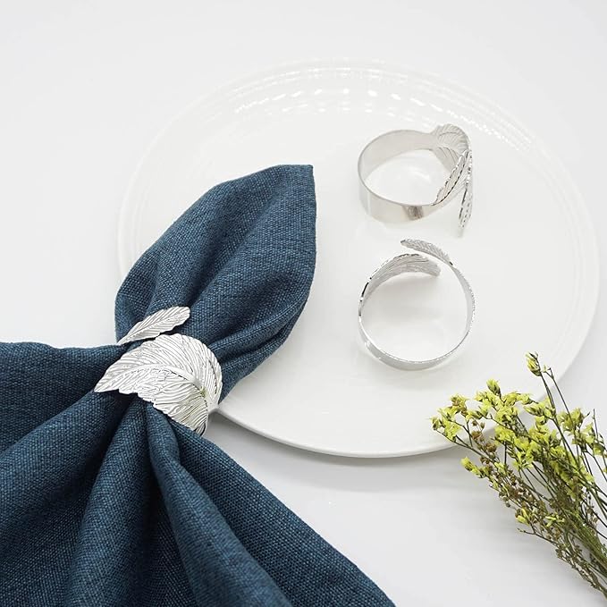 Silver Leaf Napkin Rings Set of 12, Leaves Napkin Rings for Table Setting, Metal Leaf Napkin Holder Rings for Holiday Party, Wedding, Banquet, Formal or Casual Dinning Table Decor (Silver)