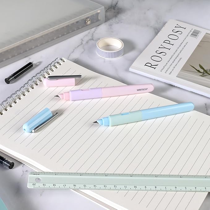WRITECH Fountain Pen Soft Grip: Fine Nib Black Ink Pen with 3 Ink Cartridges and 1 Replacement Nib Set Smooth Writing for Journaling Calligraphy Gift (Pink)