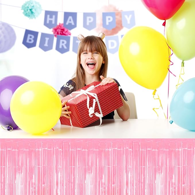 3 Pack 29x108 Inch Macaron Pink Foil Fringe Table Skirts Metallic Banner for Tinsel Streamer Garland Backdrop for Parade Floats Wedding Thanksgiving Birthday Christmas Halloween Party Decoration