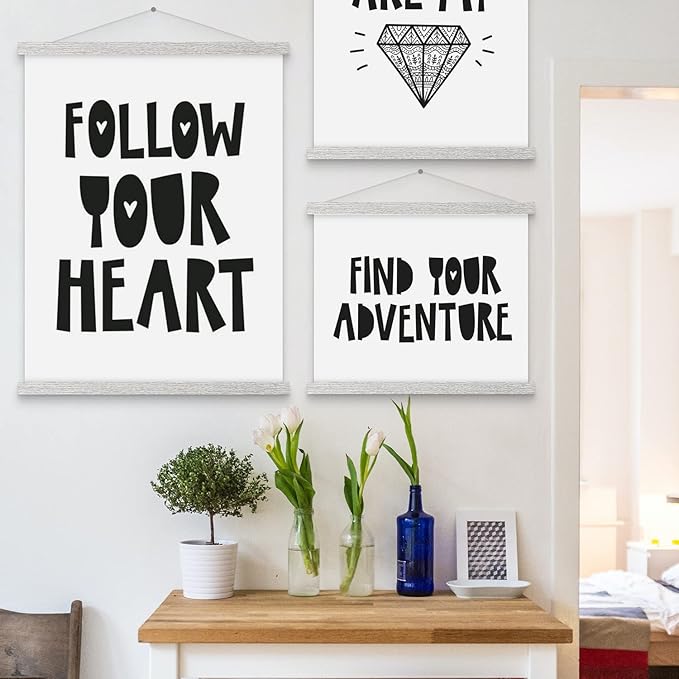 Magnetic Poster Hanger, 8x10 8x20 8x11 Poster Frame Wood Wooden Magnet Print Posters Dowel Scroll Hanger Hangers Hanging Kit for Walls Map Canvas Artwork (Grey, 8")