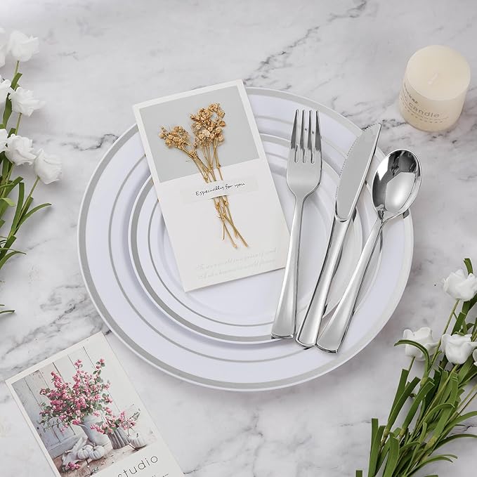 BESTVIP 600PCS Silver Dinnerware Set for 100 Guests, Plastic Plates for Party, 100 Silver Disposable Plates, 100 Dessert Plates, 100 Cups, 100 Spoons, 100 Forks and 100 Knives