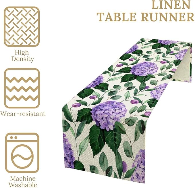 Spring Hydrangea Flower Table Runner, Seasonal Summer Plants Eucalyptus Leaves Purple Florals Dinner Runner for Home Kitchen Dining Table Party Holiday Decoration 13"x108"