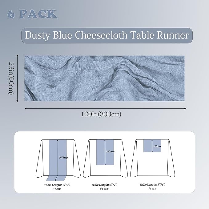 6 Pack Dusty Blue Cheesecloth Table Runner 23x120 inch Rustic Boho Gauze Table Runner 10 FT Long Sheer Cheese Cloth Fabric Table Runners for Romantic Wedding Bridal Shower Birthday Party Decor