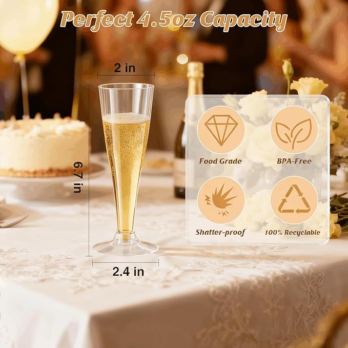 100 Pack Clear Champagne Flutes Plastic Wine Glasses Disposable, 4.5 Oz Transparent Mimosa Glasses for 2025 Wedding Birthday Party Supplies, Bulk Toasting Cocktail Cups