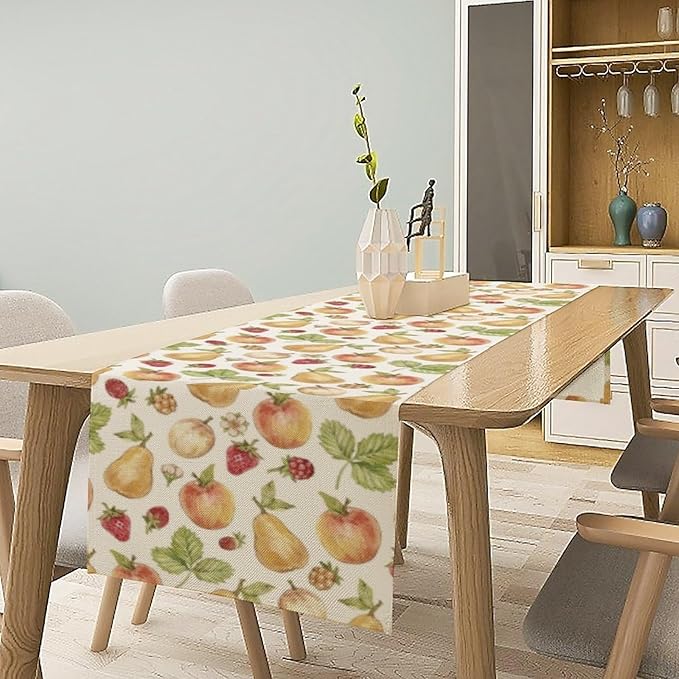 Vintage Spring Summer Fruit Table Runner Watercolor Pear Strawberry Leaves Dinner Runner for Farmhouse Party Holiday Home Kitchen Dining Table Decor 13x108