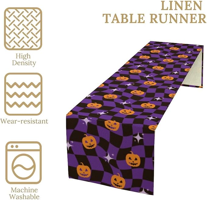 Halloween Table Runner,Purple Checkered Pumpkin Table Runner for Kitchen Dining Table Decoration Home Party Decor 13x36 Inch