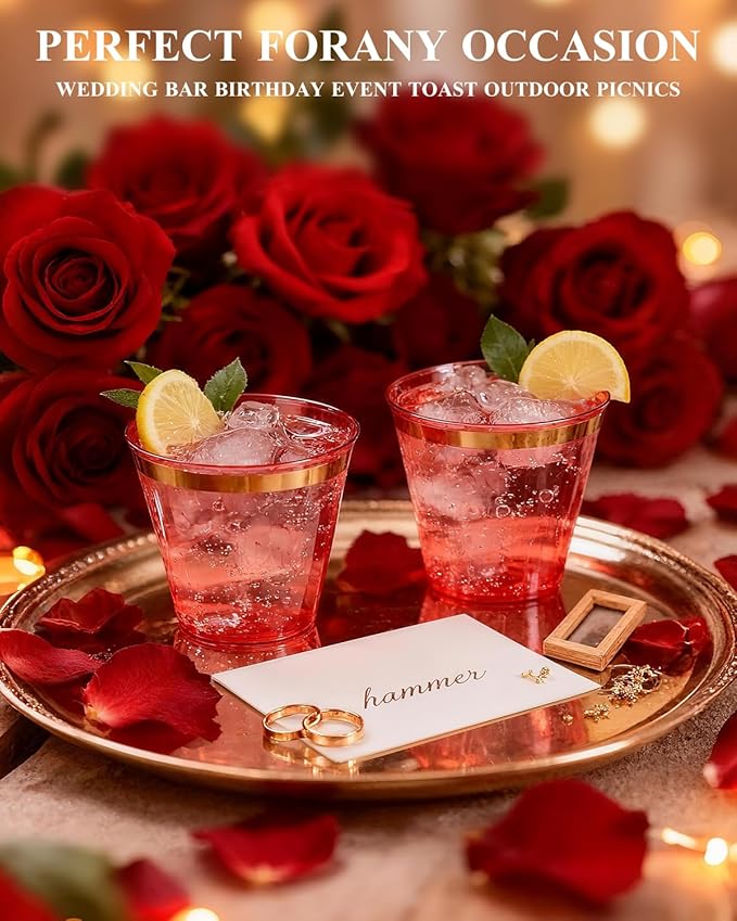 Goodluck 50PCS 9oz Red and Gold Plastic Cups for Party, Disposable Gold Rim Cups, Plastic Cocktail Glasses for Wedding Thanksgiving, Christmas, and Parties