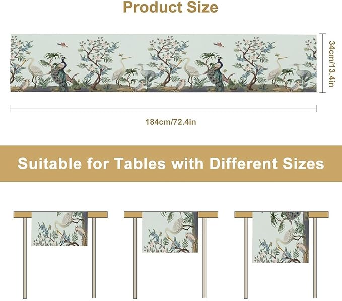 Peacock Table Runner,Retro Chinese Peonies Flowers Peacock Table Runner for Home Kitchen Dining Party Indoor Outdoor Decoration 13x70 Inch