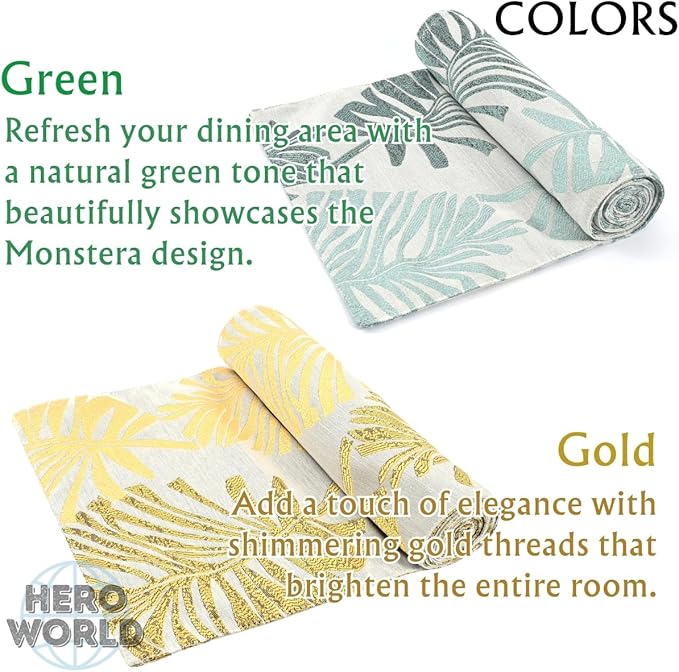 Monstera Leaf Table Runner – Elegant Fabric Table Centerpiece, Machine Washable, Gold or Green, 71"/83"/94" Length, 13" Width (Green/94)