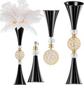 VIJIV Black Crystal Flower Vases for Centerpieces Tables - Tall Trumpet Vase for Bouquet Decorative, Dining Table Décor Flower Stand with Ribbed Texture for Events, Bridal Showers & Boho Weddings