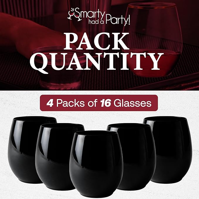 Smarty Had A Party 12 oz Black Disposable Stemless Wine Glasses (64) – Fancy Plastic Cups for Parties & Weddings – Outdoor Cocktail Glasses; Cocktail Glasses Disposable Classy; Unbreakable Glasses