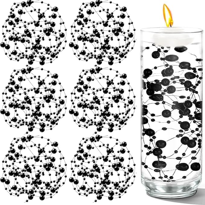 50 PCS Artificial Floating Beads for Centerpieces Vases, Black 8+3mm String Beads for Wedding Party Faux Pearl String for Decorating, String Pearls for Crafts Vase Filler