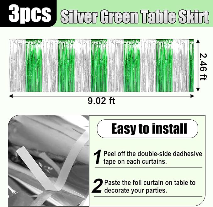 3 Pack 29x108 Inch Silver Green Foil Fringe Table Skirts Metallic Banner for Tinsel Streamer Garland Backdrop for Parade Floats Wedding Thanksgiving Birthday Christmas Halloween Party Decoration