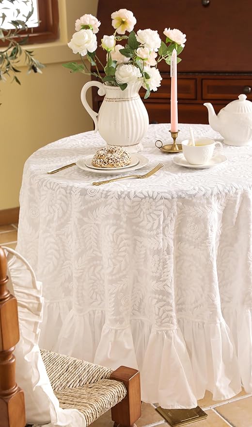 patdrea Vintage Ruffle Tablecloth for Round Tables,Farmhouse Embroidered Cotton White Lace Table Cloth Cover Decor for Dining Room Wedding Banquet Thanksgiving Christmas,Dimaeter 51"