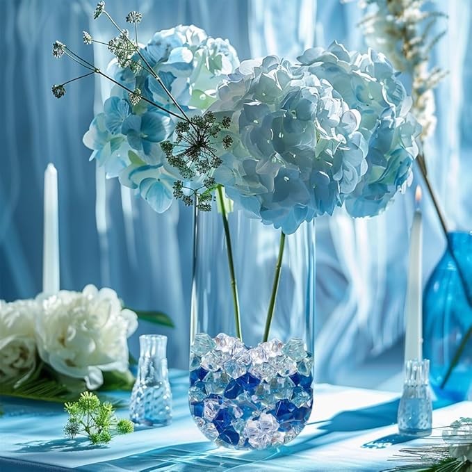 HappyFiller 14 OZ Faux Crystal Acrylic Gems Ice Rock Stones Blue,Clear Mix for Glass Vase Fillers,Art Crafts, Aquarium Fish Tank,Floral Display,Table Scatter,Boy Bluey Birthday Party Decor,Home Accent