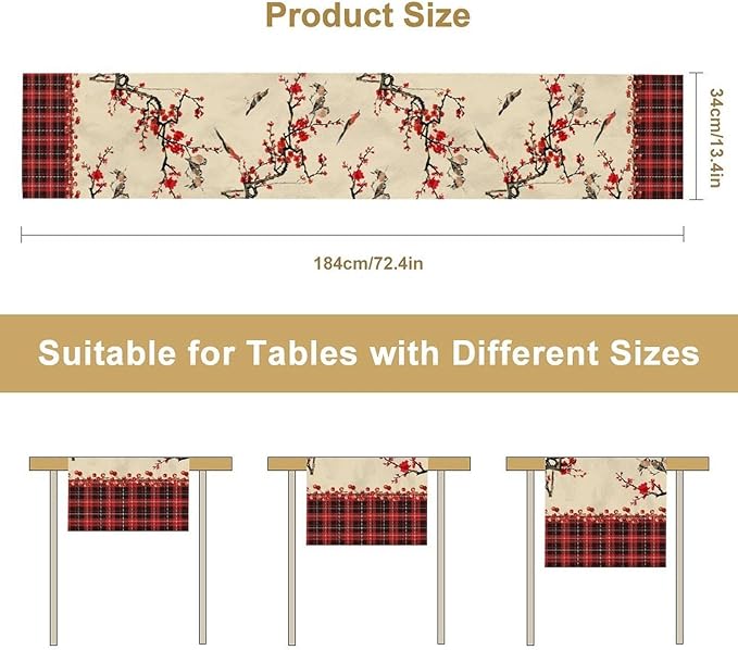 Bird Table Runner,Red Black Buffalo Plaid Blossom Seasonal Table Runner for Kitchen Dining Table Decoration Home Party Decor 13x90 Inch