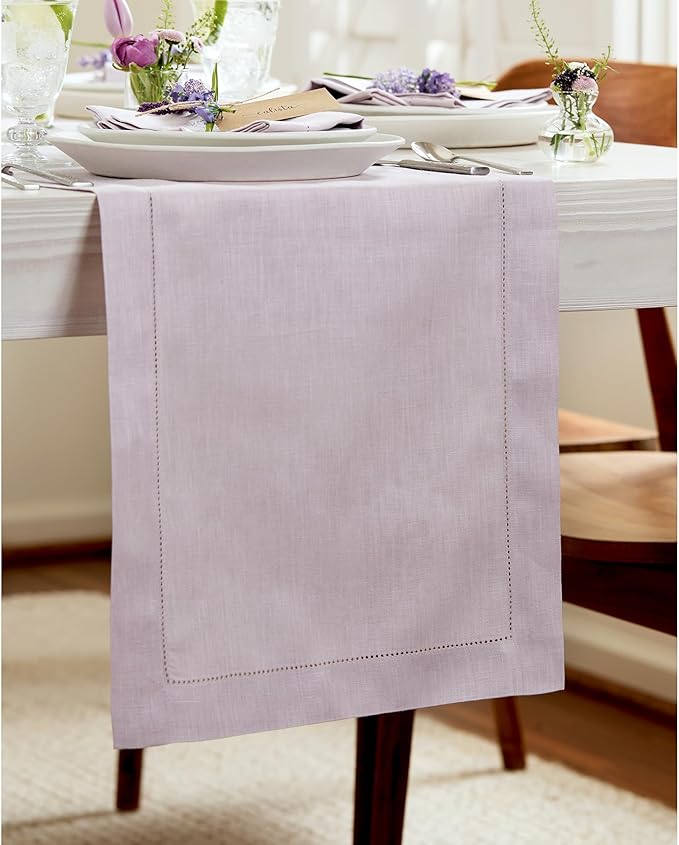 Solino Home Linen Lilac Table Runner 108 Inches Long - 100% Pure Linen 14 x 108 Inch Table Runner for Fall, Autumn, Thanksgiving, Christmas - Classic Hemstitch