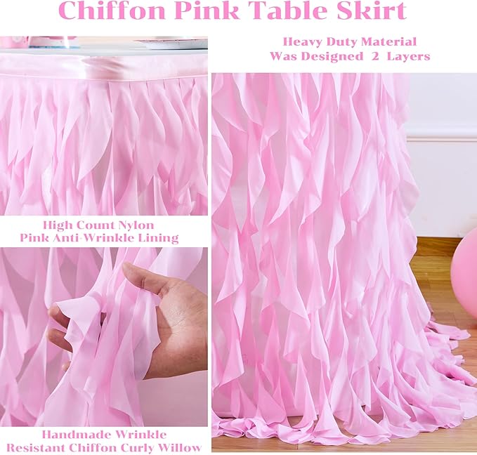 PARTISKY Pink Tulle Curly Willow Table Skirt for Rectangle Table 6ft, Ruffle Tutu Table Cloth for Girls Baby Shower,Birthday Party Candy Cake Tables