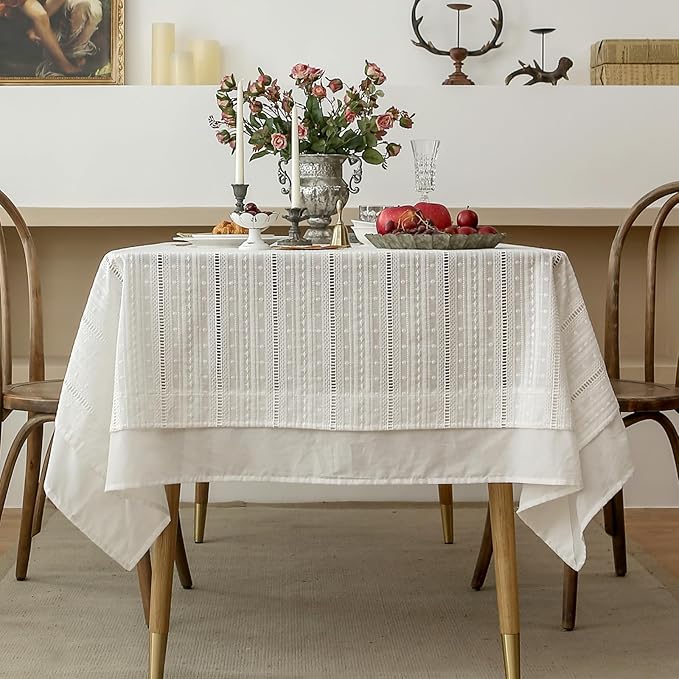 patdrea Designer Vintage Cotton White Lace Tablecloth for Rectangle Tables,French Country Cottage Embroidered Table Cloth Art Decor for Kitchen Wedding Patries Banquet Christmas,59"*83"