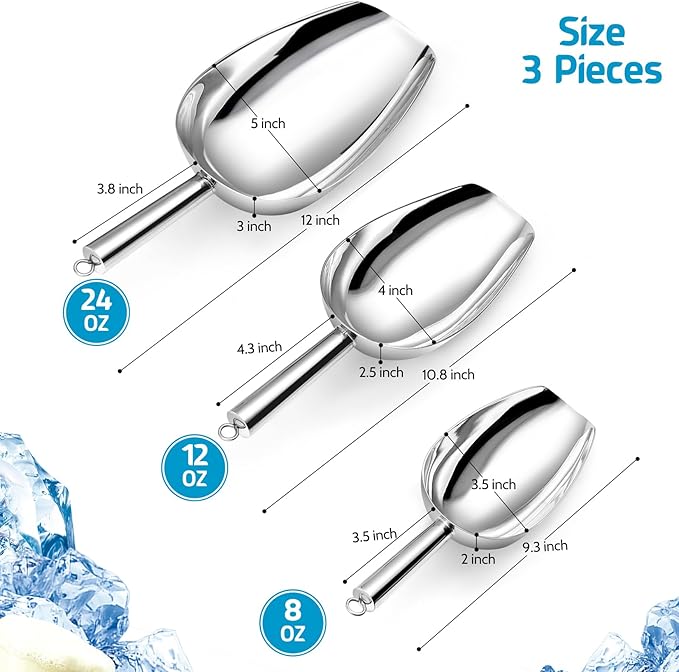 P&P CHEF Canister Scoop Set of 3, Ice Candy Scoop, Stainless Steel Multipurpose Food Scooper for Buffet Jar Freezer, Mirror Finish & Dishwasher Safe, Silver, 8+12+24 Oz
