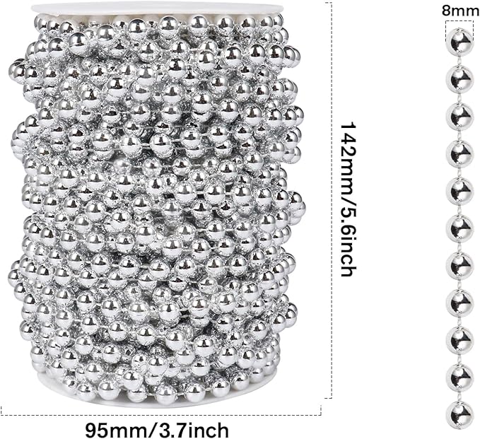 [66 Feet] Silver Pearl Beads Garland, 8MM 22 Yards Silver Faux Pearl Beads String Roll Bulk for DIY Craft Christmas Tree Wedding Party Decoration