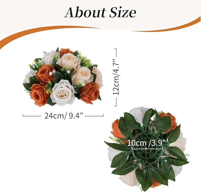 BLOSMON Terracotta Flowers for Wedding Centerpieces: 6 Pcs Fake Rose Kissing Balls Fall Table Decor - Artificial Silk Bouquet with Base Floral Arrangements Home Party Room DIY Decorations