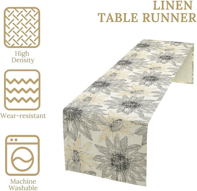 Chrysanthemum Vintage Floral Table Runner, Elegant Grunge Green Sunflower Spring Summer Elegant Pattern Artichokes Flower Table Runner for Party Kitchen Dining Living Room Decor, 13x60 Inch