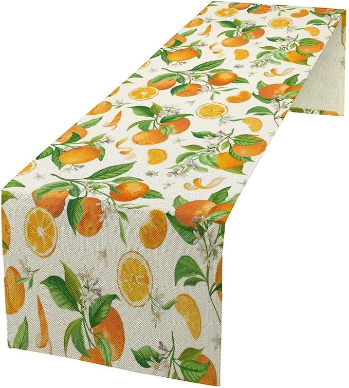 Spring Summer Orange Table Runner Vintage Citrus Lemon Fruit Mandarin Floral Dinner Runner for Farmhouse Baby Shower Party Holiday Home Kitchen Dining Table Decor 13x90