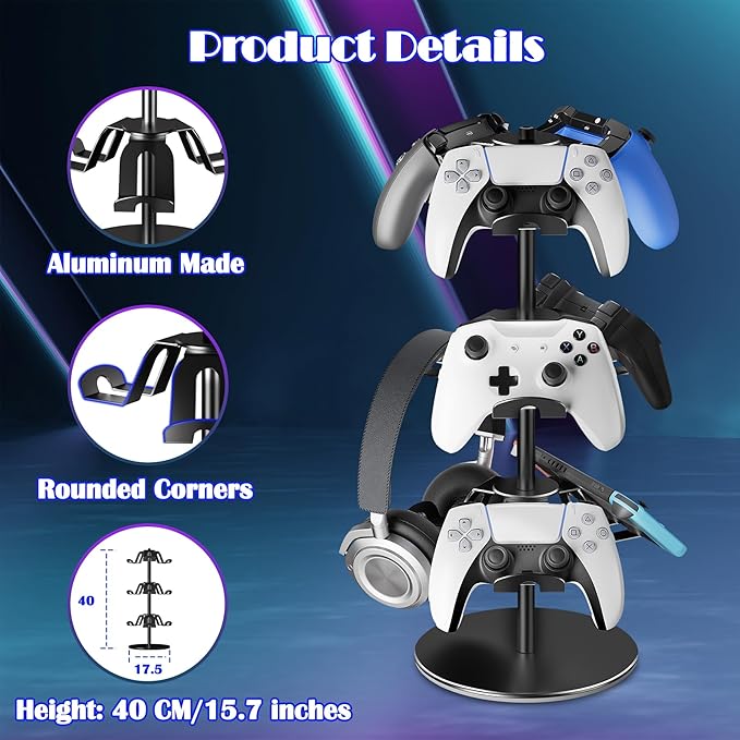 Controller Holder Stand 3 Tiers, Rotatable Gaming Headset Stand Compatible with Xbox PS5 PS4 Nintendo Switch Pro, Aluminum Headphone Organizer Rack, Desktop Gampads Holder, Black