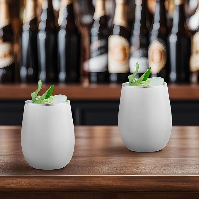 Smarty Had A Party 64 White with Silver Elegant Stemless Plastic Wine Glasses, 12 oz Disposable Drinkware, Plastic Wine Glasses for Parties