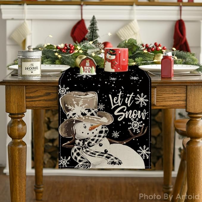 Artoid Mode Black Snowman Snowflake Let it Snow Winter Table Runner, Christmas Kitchen Dining Table Decoration for Home Party Decor 13x72 Inch