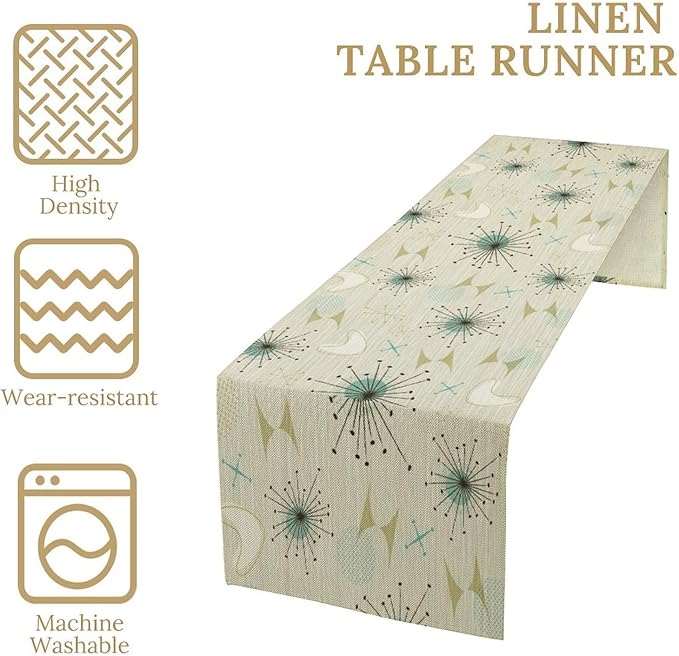Mid Century Table Runner, Flag Retro Atomic Starburst 1950s Abstract Geometric Space Tabletop Decoration for Home Kitchen Restaurant Table Flag 13x36 Inch