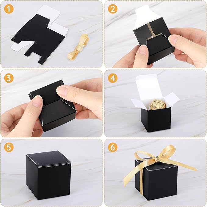 EUSOAR Favor Boxes, 60pcs 2x2x2 Inches Black Boxes Small Candy Box with Gold Ribbons, Mini Paper Cube Soap Box Chocolate Truffles Storage Macaron Container for Wedding Birthday Party DIY Favors