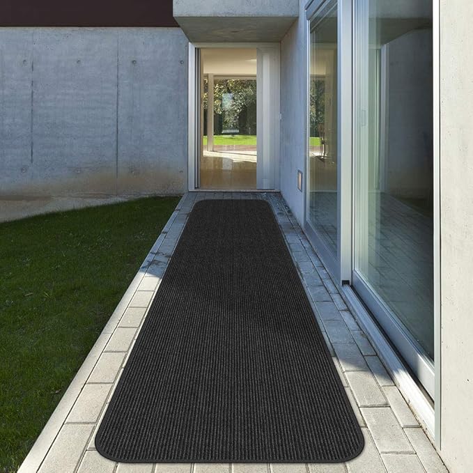 House, Home and More Indoor Outdoor Double-Ribbed Carpet Runner with Skid-Resistant Rubber Backing - Smokey Black - 4 Feet x 10 Feet