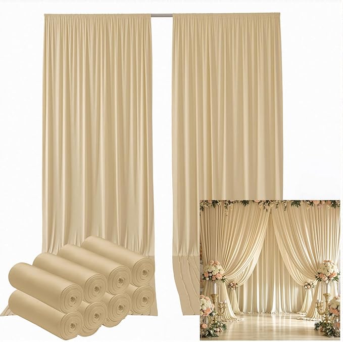 leegleri 40ftx12ft Wrinkle Free Beige Backdrop Curtain, 8 Panels 12FT Height Beige Wedding Backdrop Drapes, Silky Polyester Back Drop Cloth for Birthday Photography Background Party Backdrop Draping